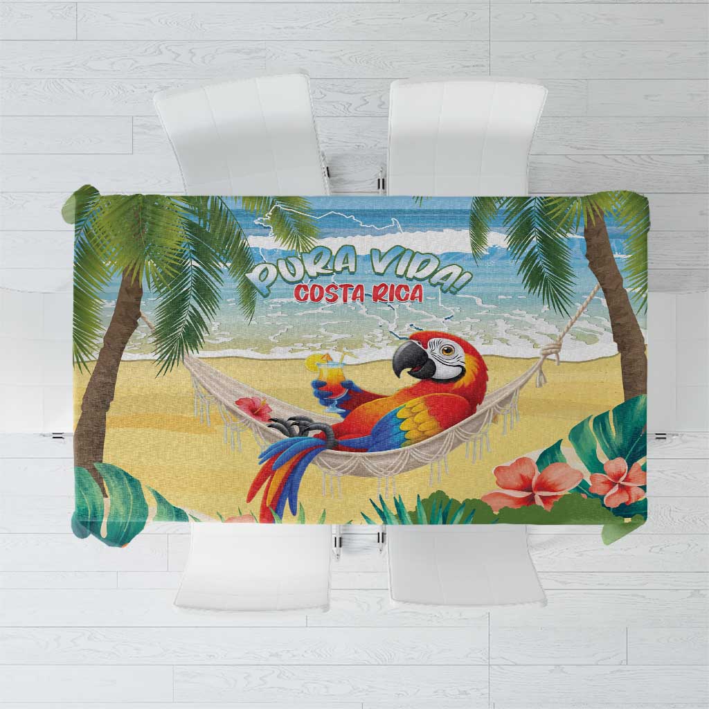 Tropical tablecloth with parrot and palm leaf print, colorful border, rectangular shape