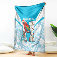 Blue-and-white blanket with scarlet macaw panel, stars, and “Proud to Be 504” text