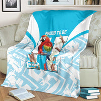 Blue-and-white blanket with scarlet macaw illustration, star icons, and “Proud to Be 504”