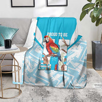 Blue-and-white macaw-themed blanket with “Proud to Be” and “504” graphic