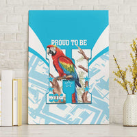 Blue canvas wall art with red scarlet macaw, “Proud to Be” text and 504 stars