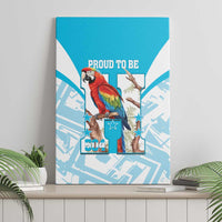 Blue canvas wall art showing scarlet macaw and “Proud to Be” with 504 badge