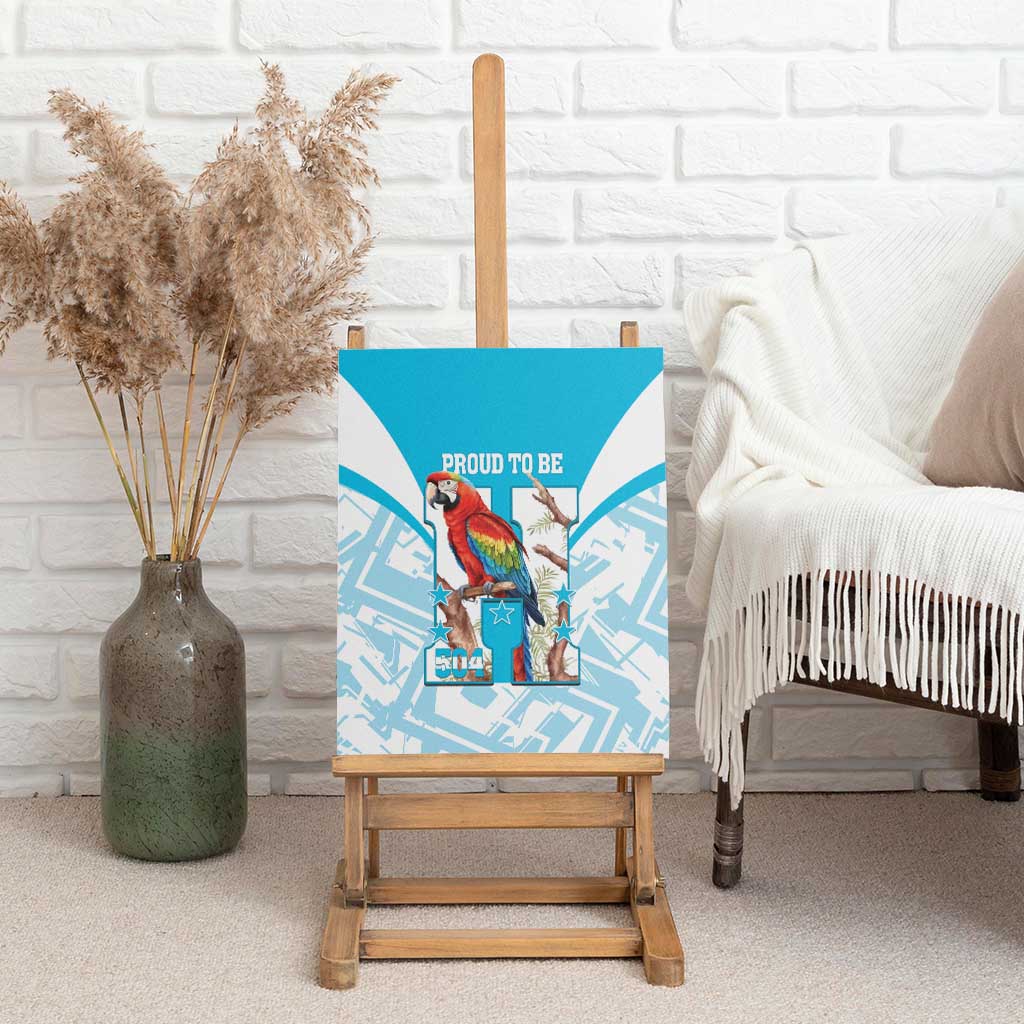 Blue canvas wall art on easel featuring scarlet macaw and “Proud to Be” 504