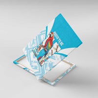 Blue canvas wall art viewed at an angle with scarlet macaw and 504 design