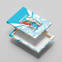 Blue canvas wall art on tabletop showing macaw artwork and “Proud to Be” 504