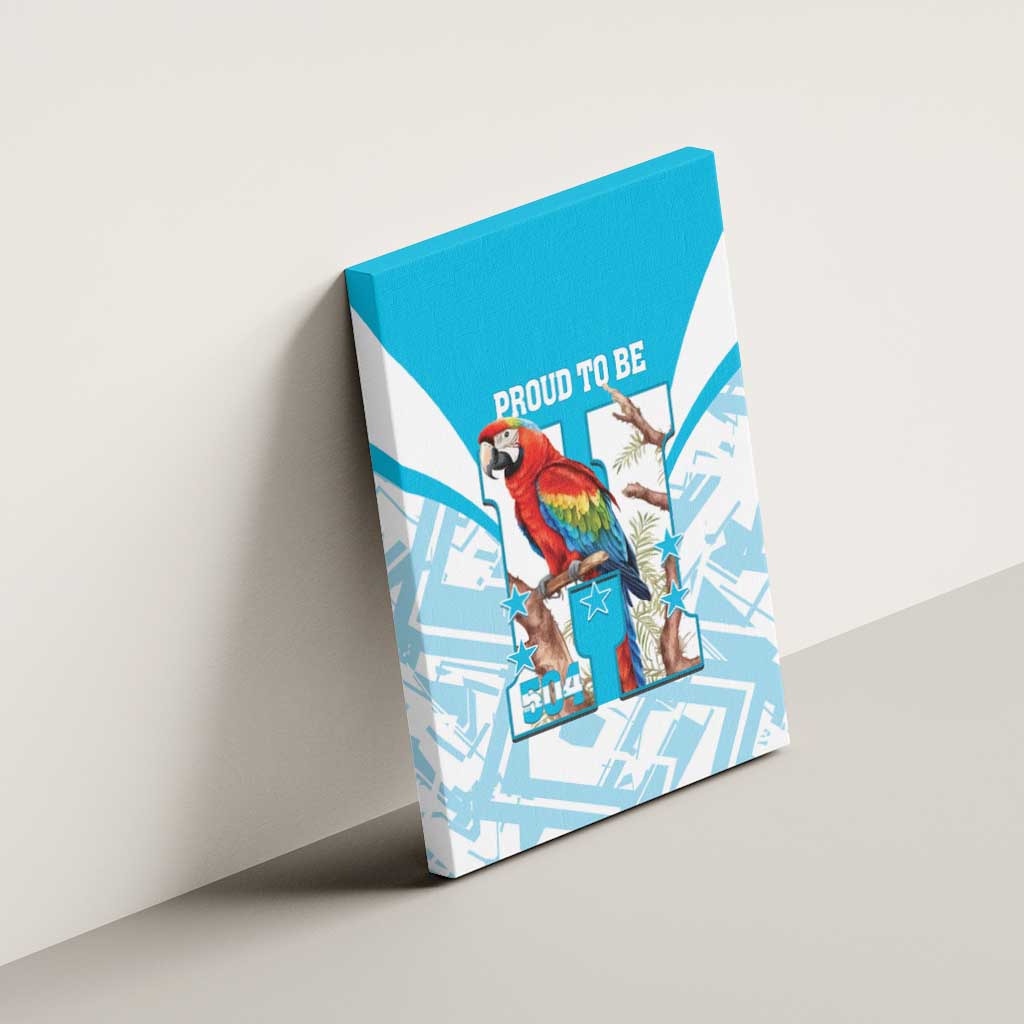 Blue canvas wall art mounted on wall with scarlet macaw and 504 “Proud to Be”