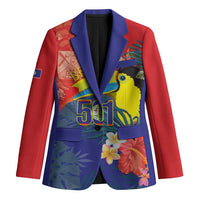 Unisex red blazer with navy trim, colorful tropical toucan print and “501” graphic