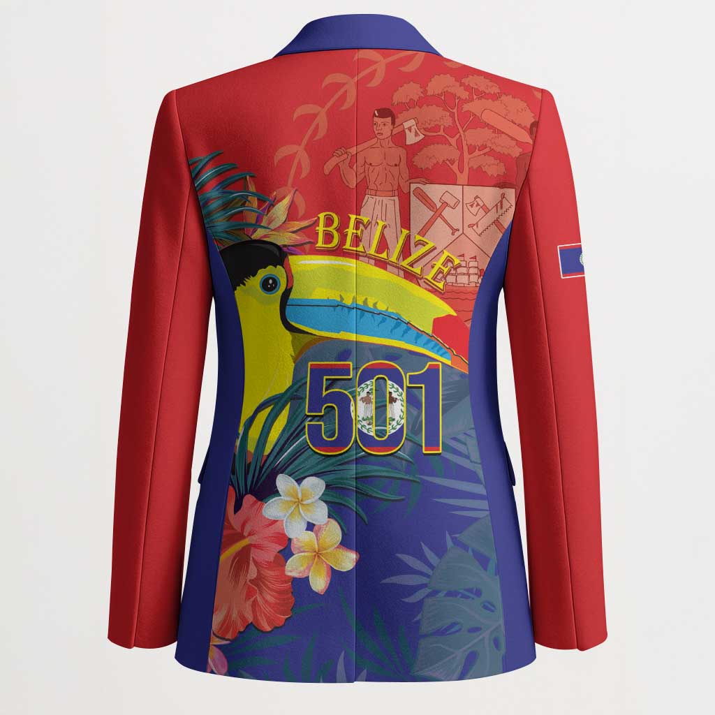 Unisex red blazer back panel with navy collar and colorful “BELIZE” and “501” print