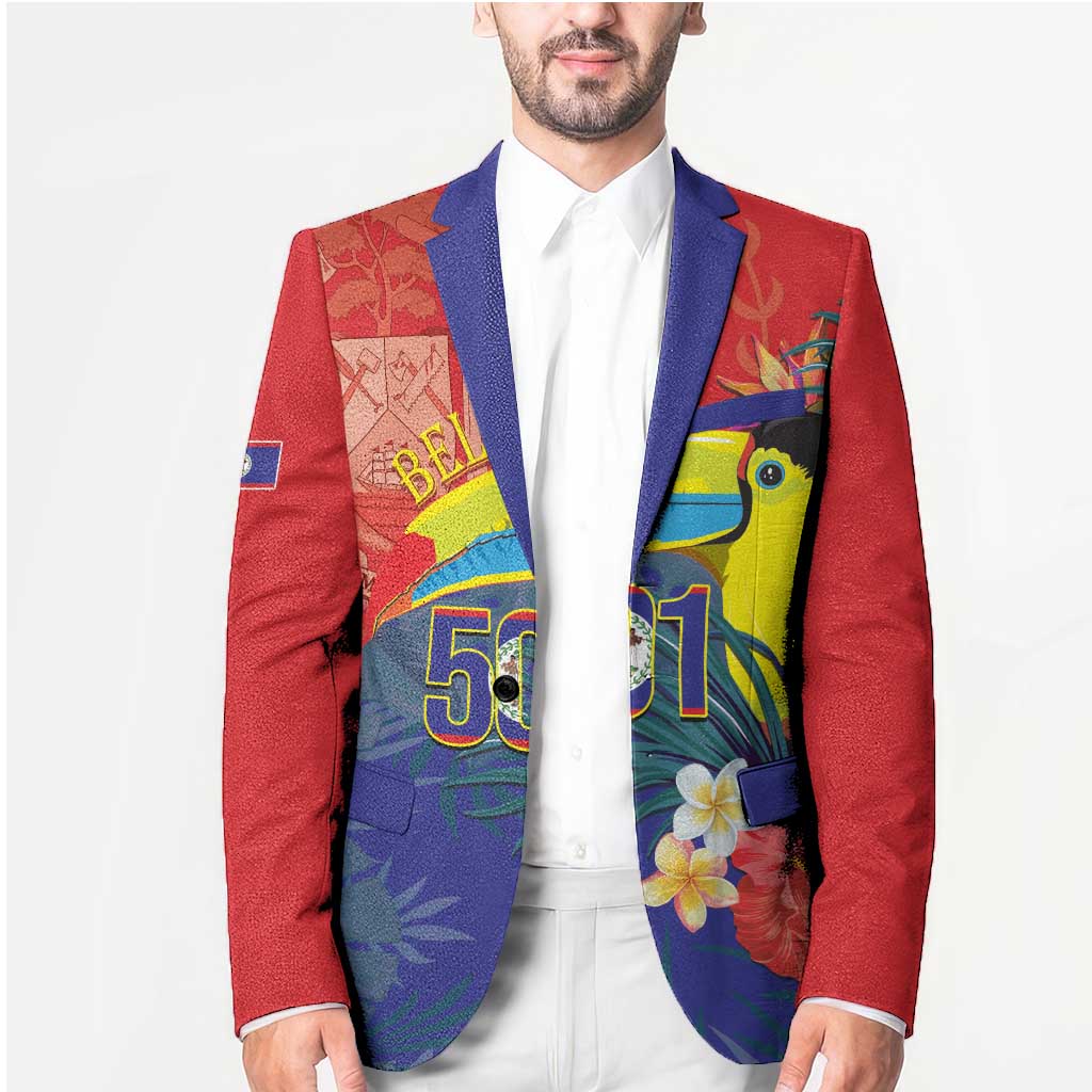 Unisex red blazer with navy lapels and colorful tropical toucan graphic on the front