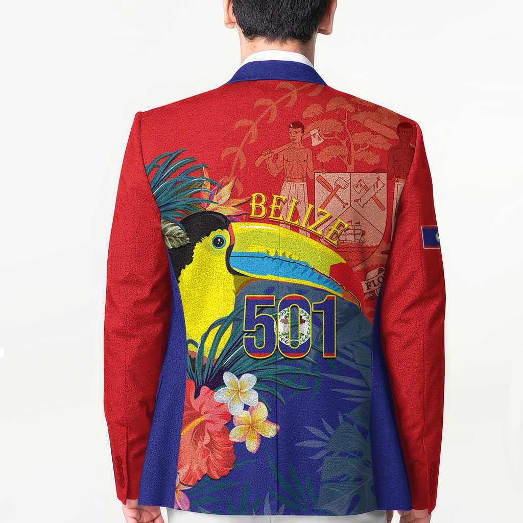Unisex red blazer with navy collar and large tropical toucan “501” graphic on the back