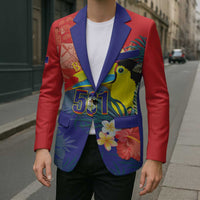 Unisex red blazer with navy lapels and tropical toucan “501” print, worn over black