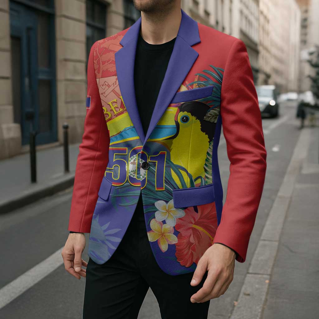 Unisex red blazer with navy trim and tropical toucan “501” print, worn over black