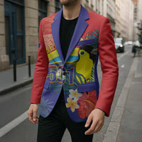 Unisex red blazer with navy trim and tropical toucan “501” print, worn over black