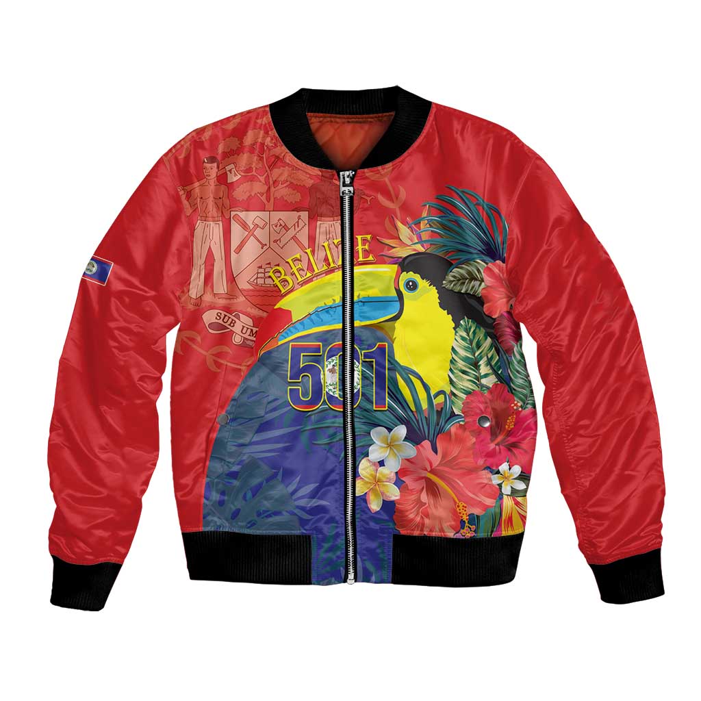 Red bomber jacket with toucan floral graphic, front zipper, black ribbed collar and cuffs