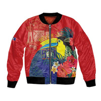 Red bomber jacket with toucan floral graphic, front zipper, black ribbed collar and cuffs