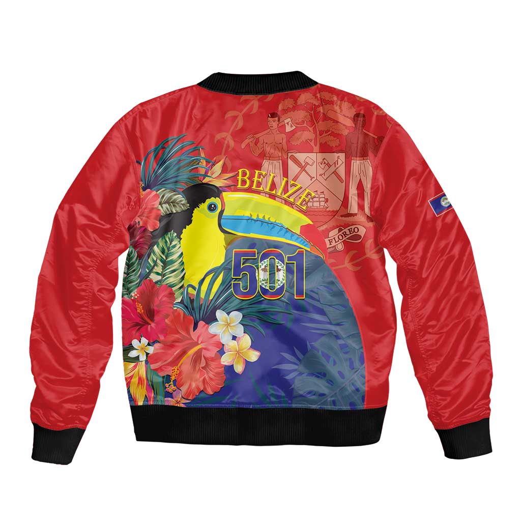 Red bomber jacket, back print with toucan, flowers and '501', black ribbed hem and cuffs