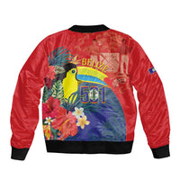 Red bomber jacket, back print with toucan, flowers and '501', black ribbed hem and cuffs