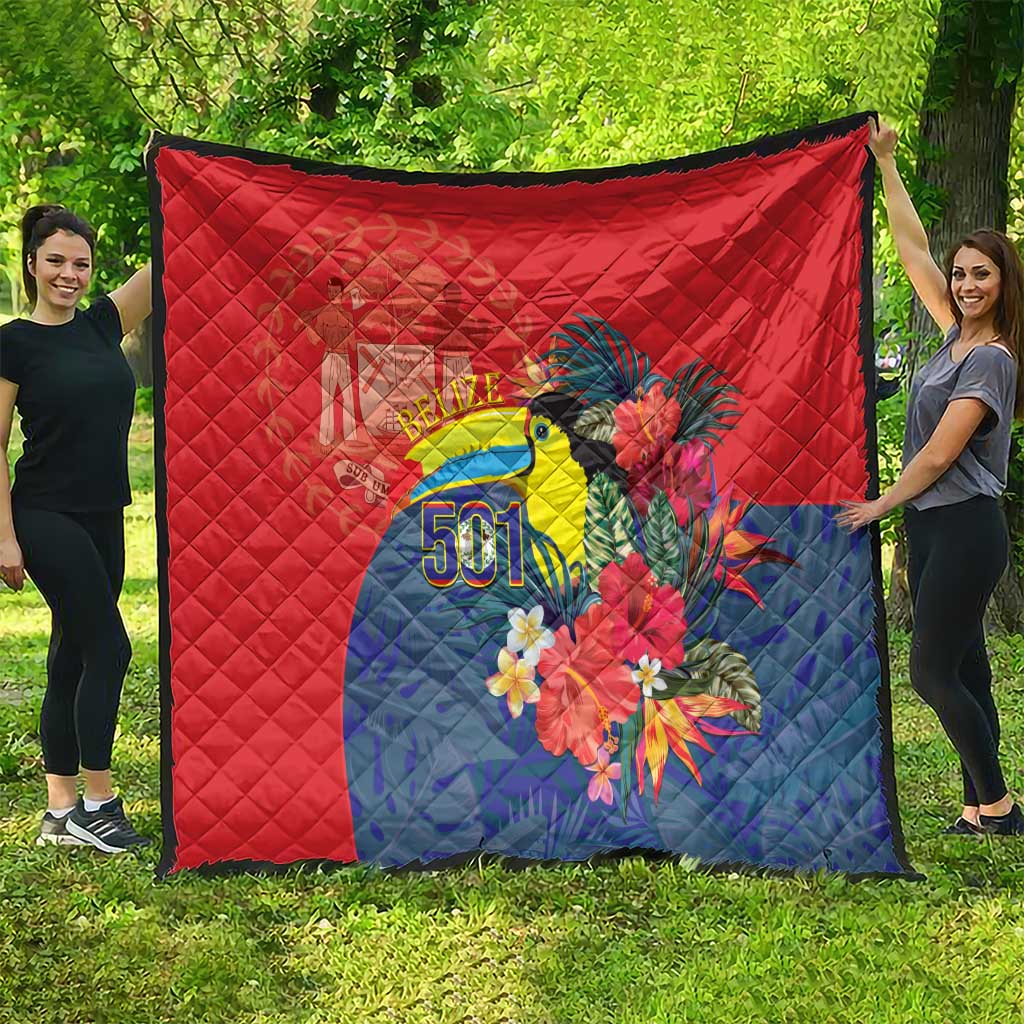 Red quilt with navy-blue bottom panel, toucan and flowers, Belize 501 on border