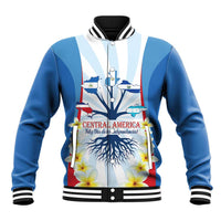 Blue varsity baseball jacket with striped ribbed collar, cuffs, and large front graphic