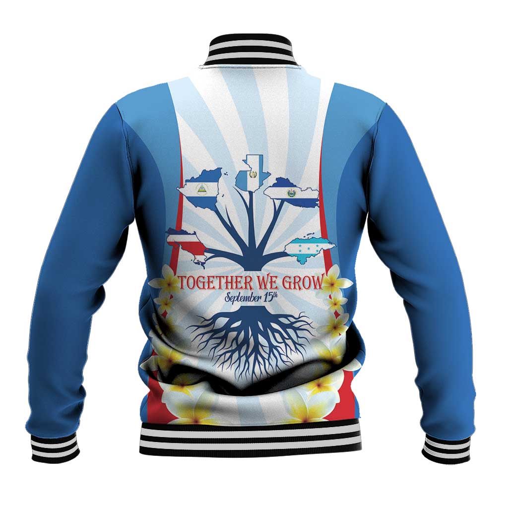 Blue varsity baseball jacket with striped ribbed collar and back graphic print