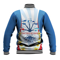 Blue varsity baseball jacket with striped ribbed collar and back graphic print