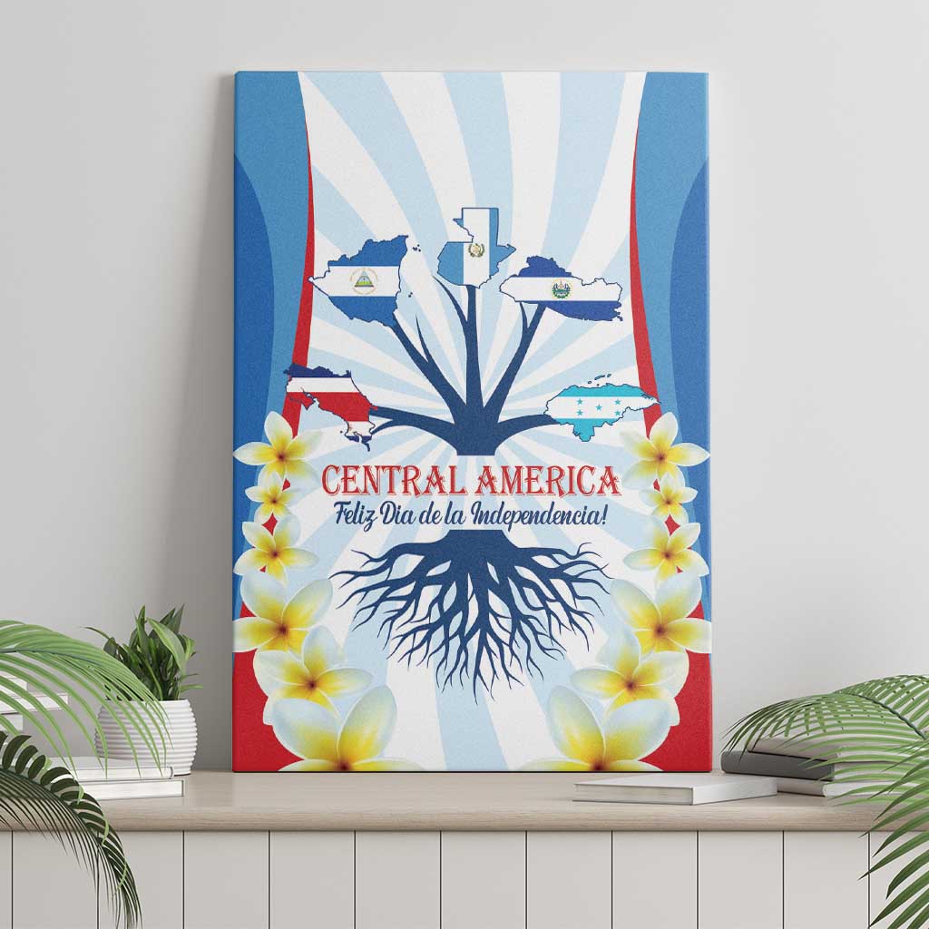 Blue wrapped canvas wall art featuring Central America map, roots, and yellow flowers
