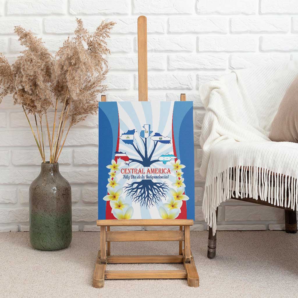 Wrapped canvas wall art on easel showing Central America map, roots, and flower blooms