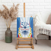 Wrapped canvas wall art on easel showing Central America map, roots, and flower blooms