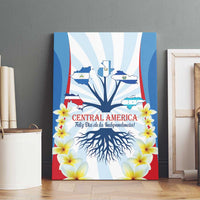 Blue wrapped canvas wall art with Central America map, dark roots, and flower accents