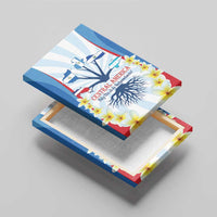 Blue wrapped canvas wall art on angled wooden base, with roots and yellow flowers