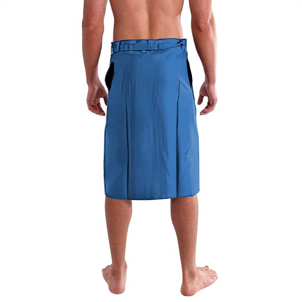 Solid blue knee-length shorts with elastic waistband and drawstring