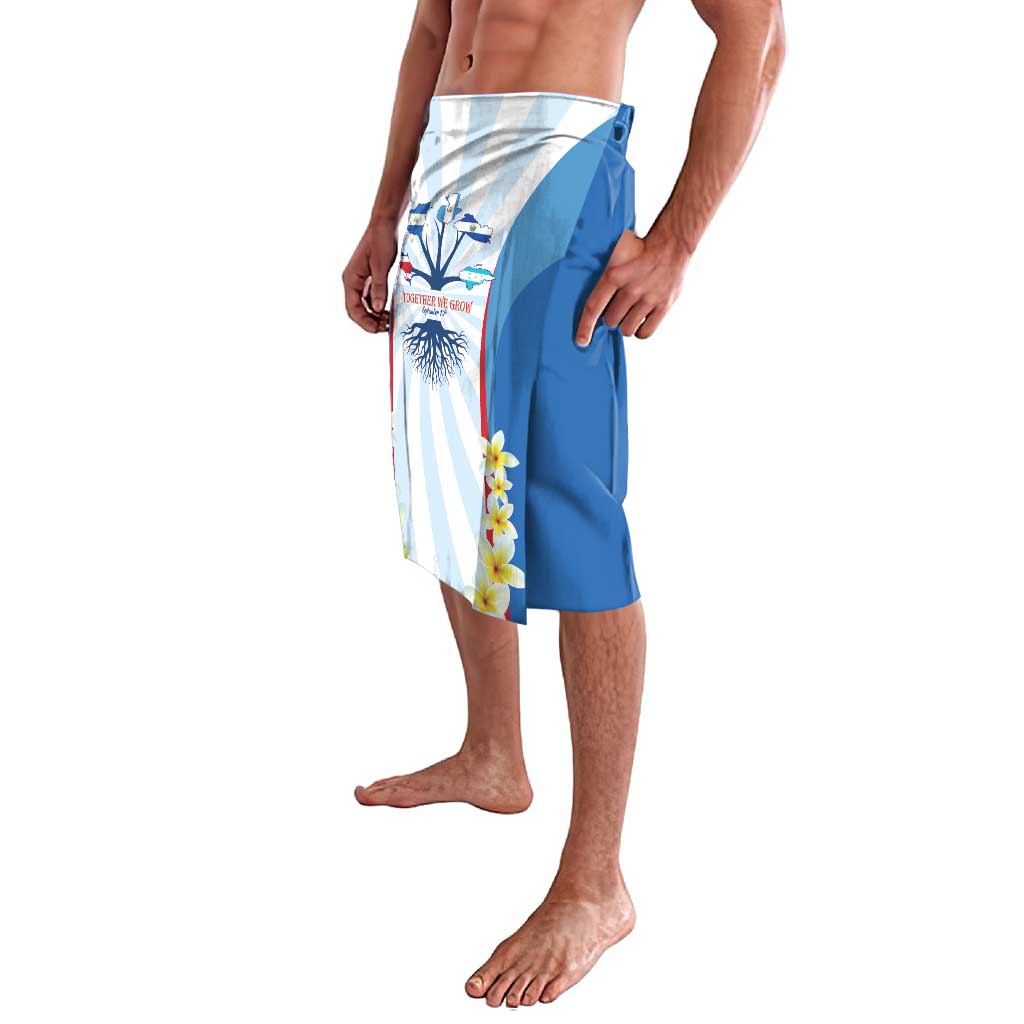 Blue side panel knee-length shorts with palm and flower print
