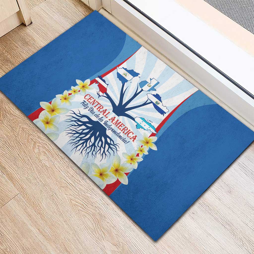 Blue rubber doormat with Central America emblem, blooming flowers, and root tree