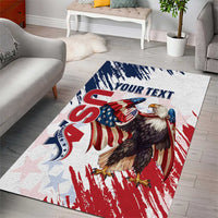 Rectangular area rug with eagle rugby grunge print in red, blue, and white, plus 'Your Text'