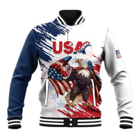 Baseball varsity jacket with eagle and USA graphic, white body and navy sleeves