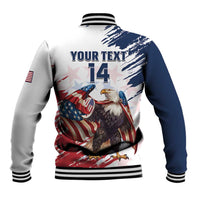 Baseball varsity jacket back with eagle, stars, flags, and text 'YOUR TEXT' size 14