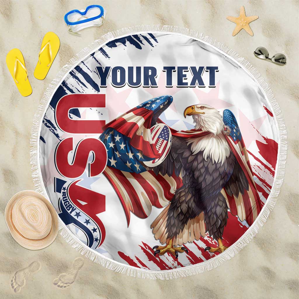 Round white beach blanket with fringe, eagle and striped rugby graphics, 'YOUR TEXT' area