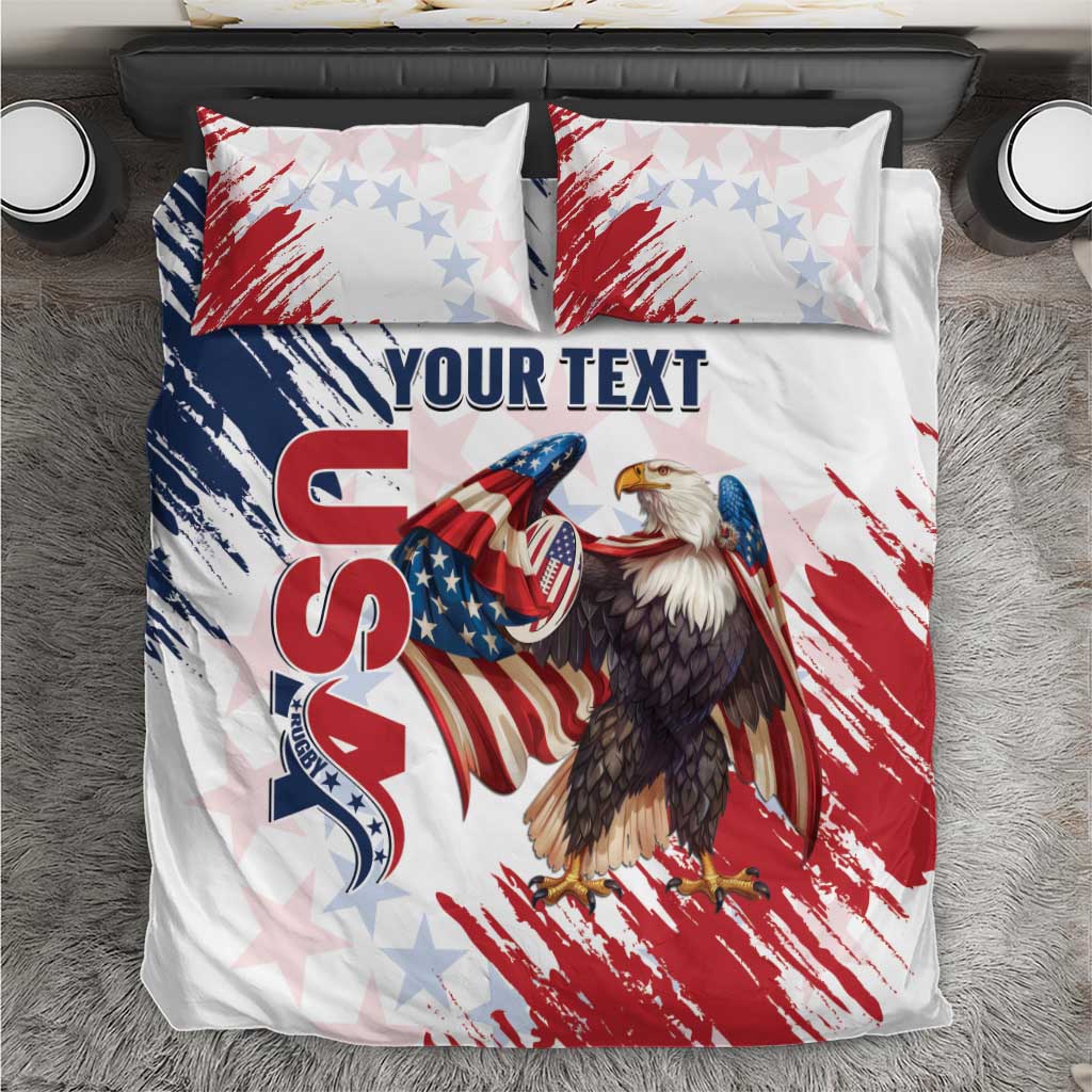 White bedding set with eagle and patriotic grunge stars-and-stripes print, two pillowcases