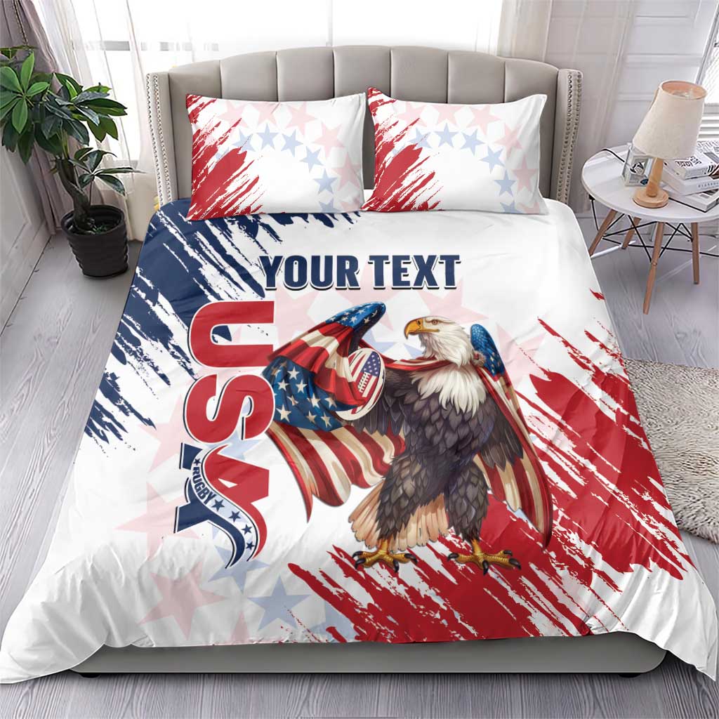 White bedding set with eagle, grunge stars-and-stripes print, and 'YOUR TEXT' on duvet