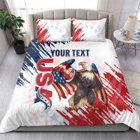 White bedding set with eagle, grunge stars-and-stripes print, and 'YOUR TEXT' on duvet