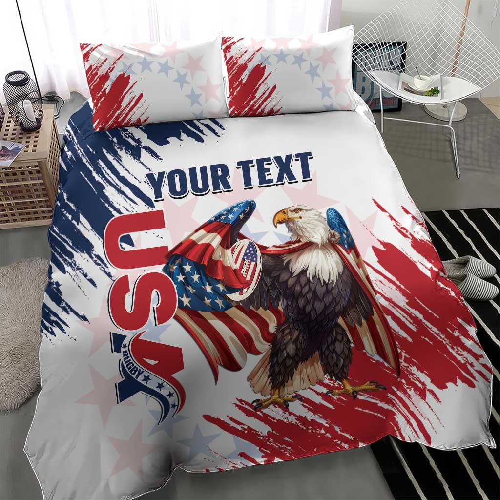 White bedding set with eagle and grunge stars-and-stripes design, two matching pillowcases