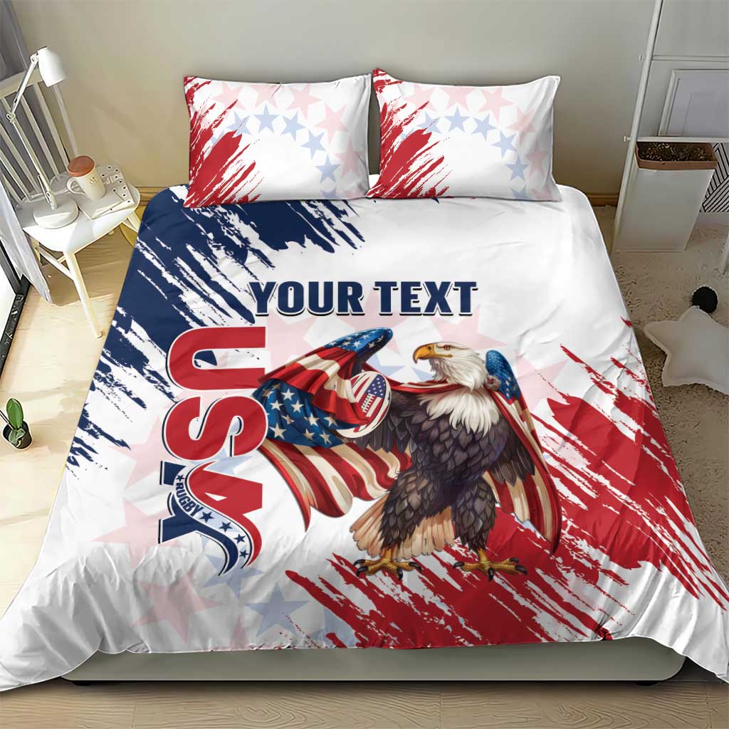 White duvet and pillow set featuring eagle and red-blue grunge stars-and-stripes print