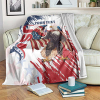 Personalized eagle rugby blanket draped on sofa with distressed stars, stripes and text