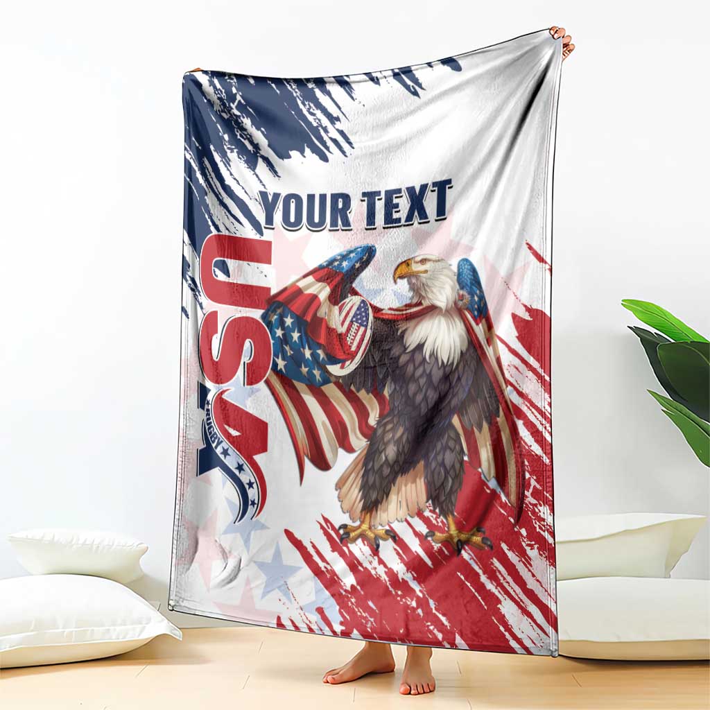 Personalized eagle rugby blanket with distressed stars, stripes, eagle graphic and text