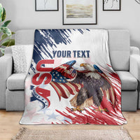 Personalized eagle rugby blanket with distressed stars, stripes and bold text on white
