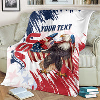 Personalized eagle rugby blanket on sofa with distressed patriotic stars, stripes and text