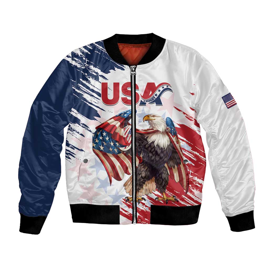 White and navy bomber jacket with eagle USA patch, full-zip front and ribbed cuffs.