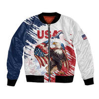 White and navy bomber jacket with eagle USA patch, full-zip front and ribbed cuffs.