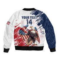 White bomber jacket with navy sleeve, eagle graphic, Your Text and 14 on back.