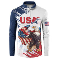 White and navy button henley rugby sweatshirt with large US eagle graphic and flag patch